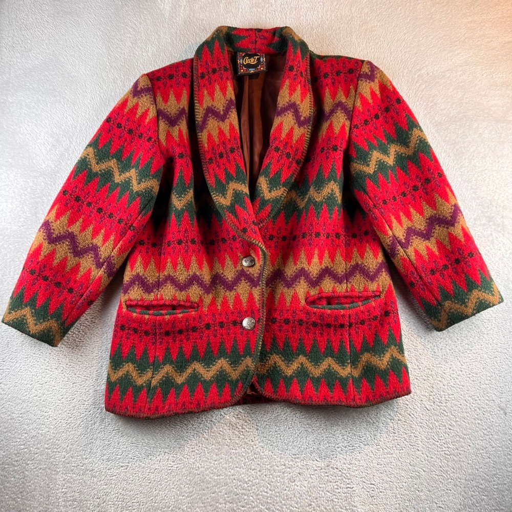 Circle T Vintage Southwestern Wool Blend Blazer Jacket Red Green Geometric Large